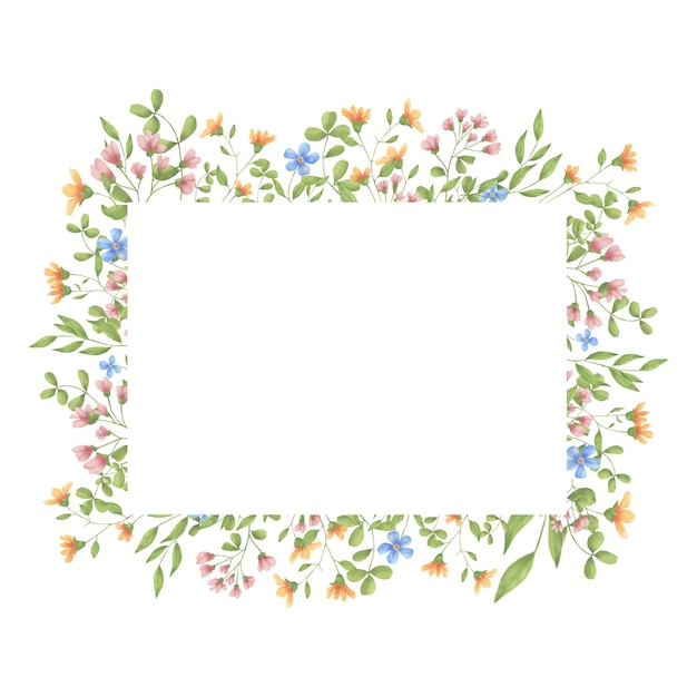 Flores silvestres lindas y hojas en un marco acuarela ilustración digital flores de prado ligero marco un