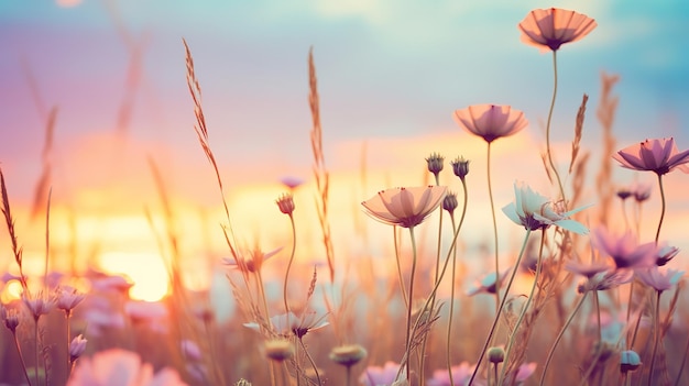 Foto flores silvestres multicolores en acuarela en el campo al atardecer dibujando flores delicadas de verano