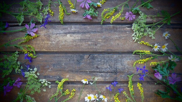 Las flores silvestres multicolores están dispuestas en un círculo sobre un fondo de mesa de madera, manzanilla, clavo dulce