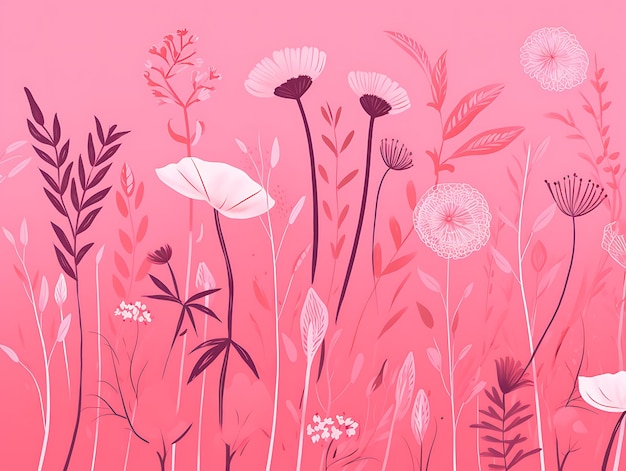 Flores silvestres no banner de ilustração de verão de fundo rosa AI Generative