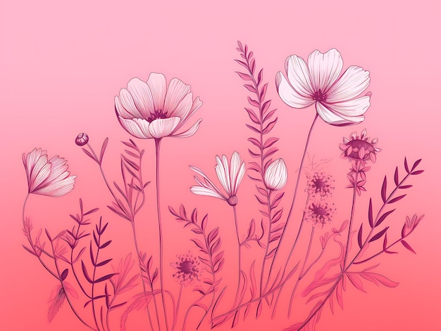 Flores silvestres no banner de ilustração de verão de fundo rosa AI Generative