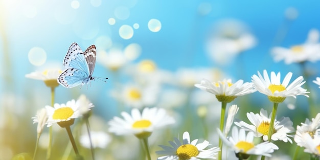 flores silvestres no campo em gotas de orvalho da manhã e paisagem de natureza borboleta