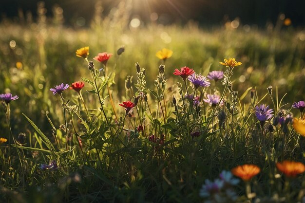 Flores silvestres num prado iluminado pelo sol