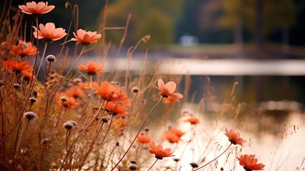 Las flores silvestres de otoño capturan la belleza del estanque con fotografías profesionales