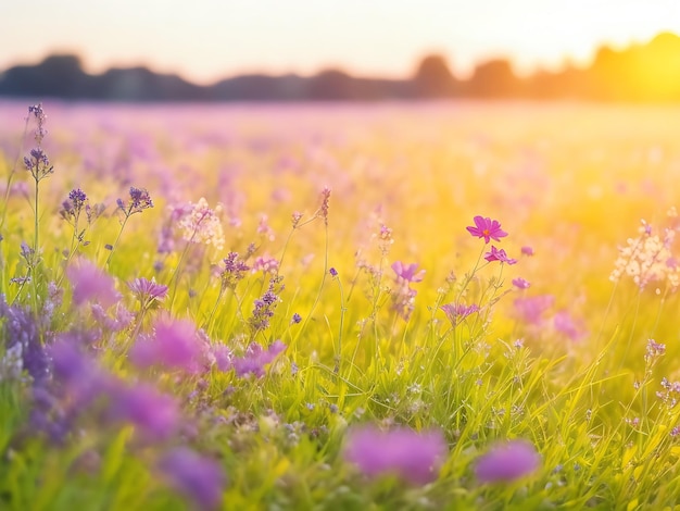 Flores silvestres en un prado al atardecer Macro imagen profundidad de campo Resumen verano naturaleza atrás