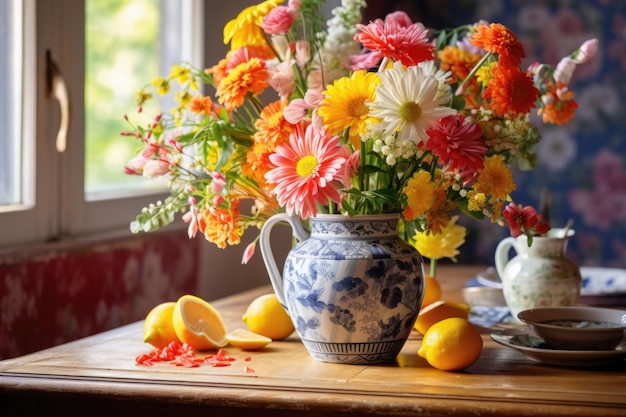 Flores silvestres recém-colhidas em um vaso com padrão folclórico em uma mesa de cozinha Ilustração generativa de IA