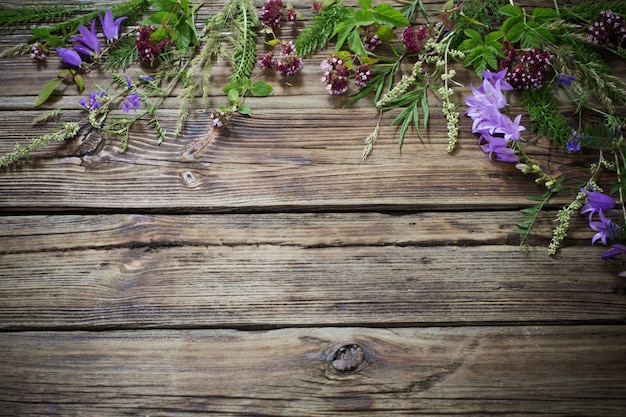 Flores silvestres sobre fondo oscuro de madera vieja