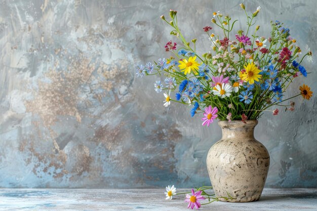 Las flores silvestres de varios tonos florecen vibrantemente en un clásico jarrón de cerámica contra una pared pintada con textura