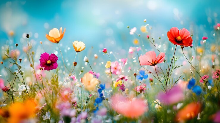 Flores silvestres vibrantes en un exuberante prado bajo un cielo azul