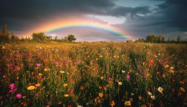 Flores silvestres vibrantes florecen en un prado tranquilo bajo un colorido cielo de puesta de sol generado por la IA