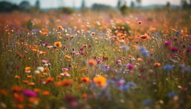 Flores silvestres vibrantes florecen en un tranquilo prado bajo la puesta de sol de verano generada por la inteligencia artificial