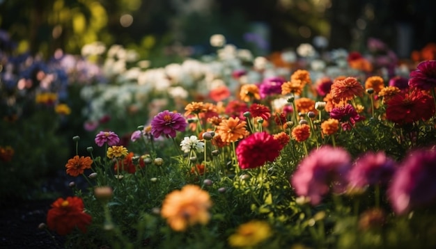 Flores silvestres vibrantes florescem em cena tranquila de prado gerada por IA