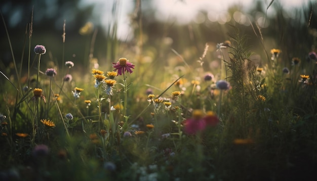 Flores silvestres vibrantes florescem em prados rurais tranquilos gerados por IA