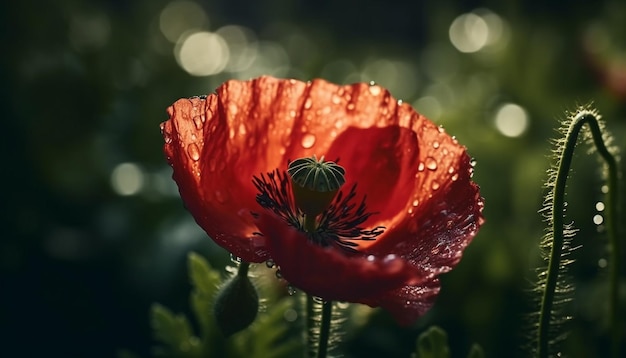 Flores silvestres vibrantes en un prado cubierto de rocío generado por IA