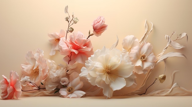 Flores sobre un fondo beige suave en estilo rococó pastel