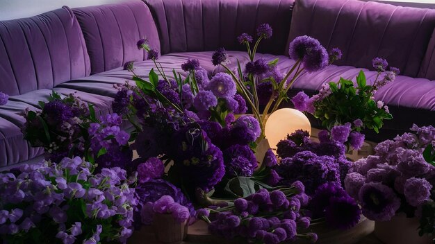 Foto con flores de sofá y ramos de colores violetas