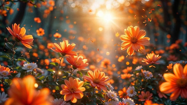 Foto flores en el sol con el sol detrás de ellos