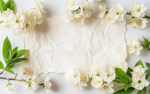Flores suaves de cerejeira sobre papel feito à mão oferecendo uma textura delicada e estética natural para fundos criativos