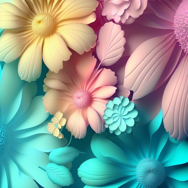 Flores suaves de design floral em tons pastel para fundoCopiar espaço para texto design 3d moderno estilo colorido lindas flores