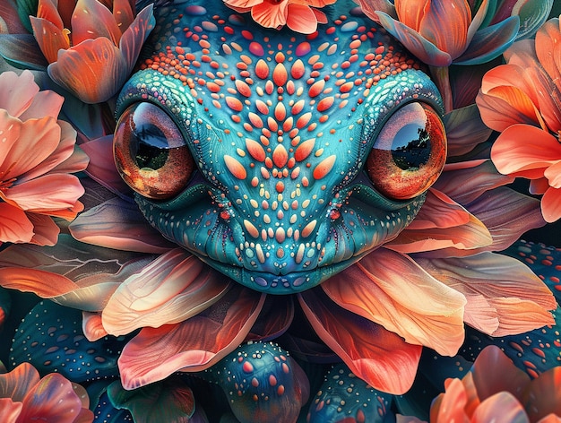 Flores surrealistas vibrantes rodean a una criatura fantástica