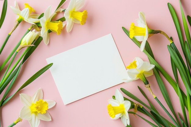 flores y una tarjeta en blanco colocadas contra un telón de fondo rosa pálido