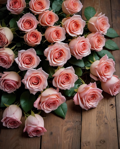 flores tarjeta rosas en fondo de madera