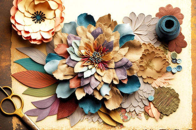 Flores de tela tejida para creatividad y collage de papel de arte creado con ai generativo