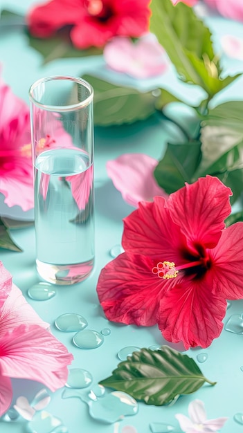 Foto flores tranquilas de hibisco e um copo de água em fundo aquático