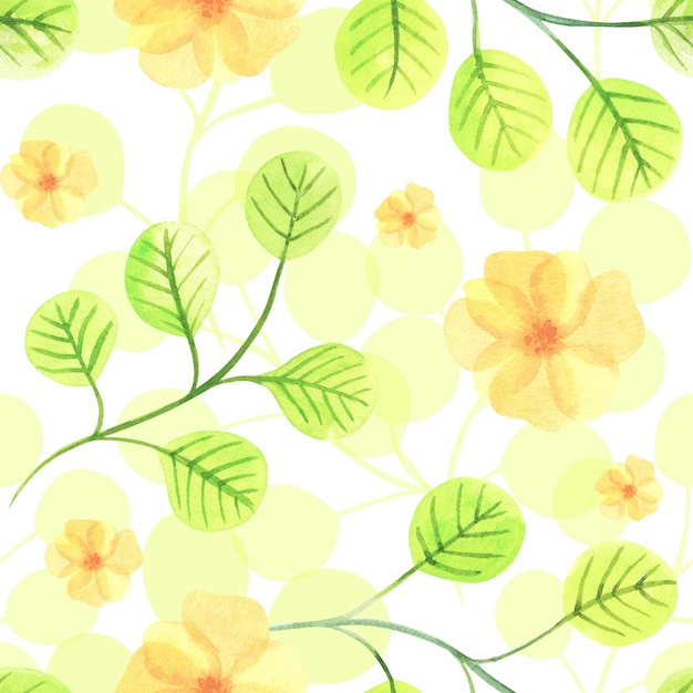 Flores transparentes amarillas abstractas hojas verdes acuarela hermosa ilustración de patrones sin fisuras