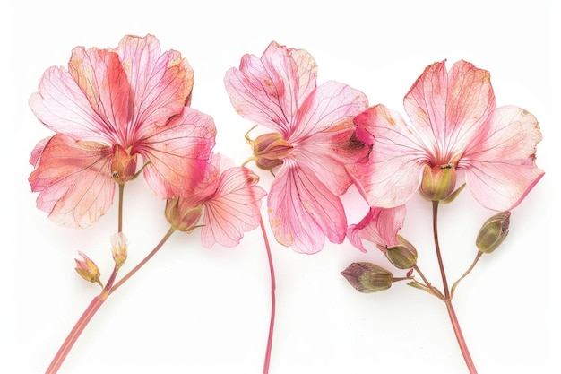 Flores transparentes delicadas cor-de-rosa prensadas e secas Geranium pelargonium isoladas em branco