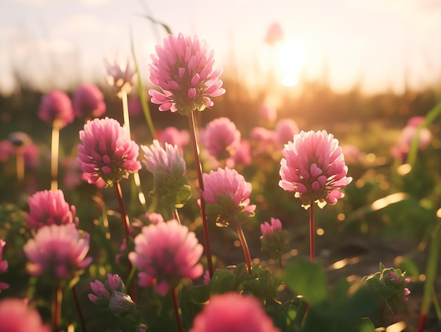 Las flores del trébol brillan en la puesta de sol en una cálida noche de verano