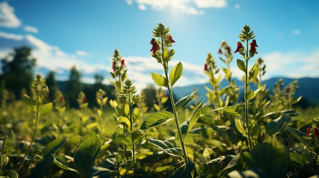 Flores de trébol rojo que crecen en las montañas generativas ai.