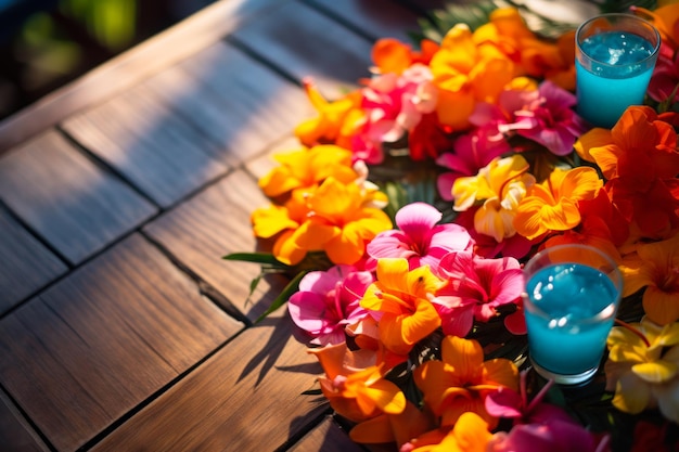 Flores tropicais coloridas com vela em mesa de madeira