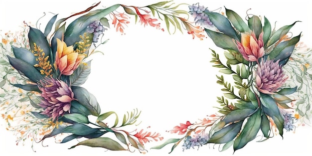Flores tropicais e folhas artísticas Coroa de aquarela botânica floral gerada por IA