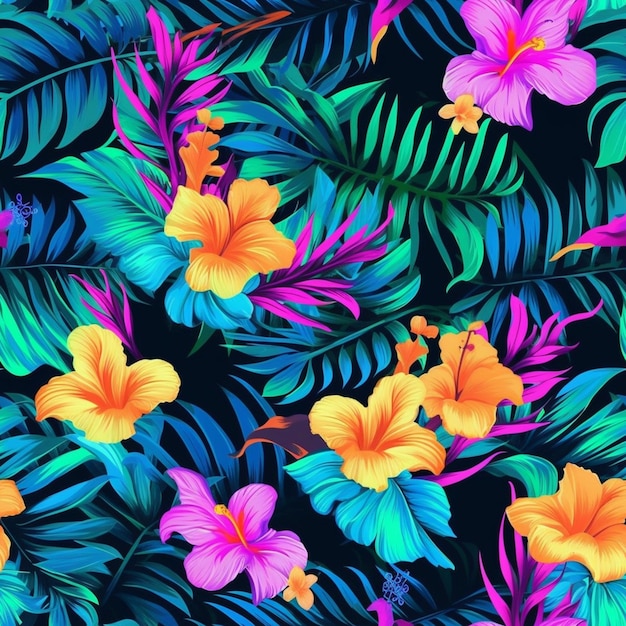 Flores tropicais e folhas em um fundo preto generativo ai