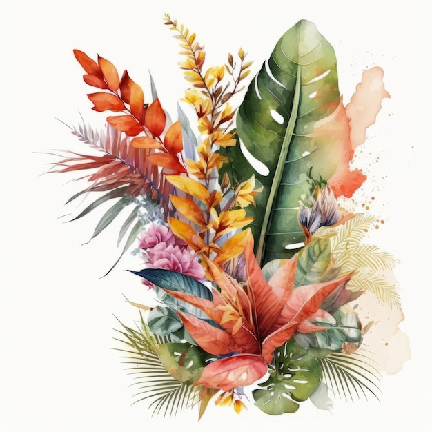 Flores tropicais em aquarela Ilustração AI Generative