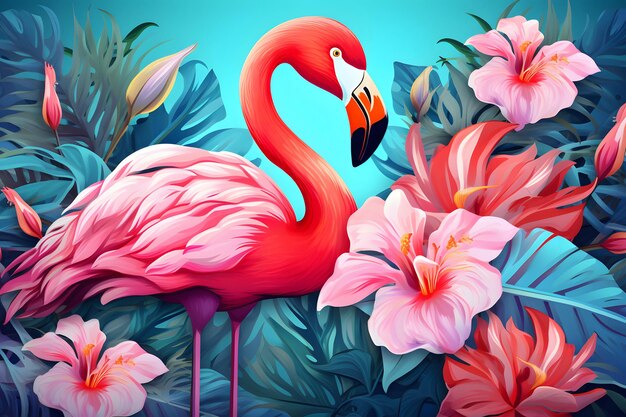 Flores tropicais plantas folhas e flamingos Ilustração vetorial de padrão exótico havaiano