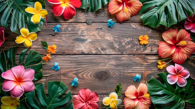 Foto flores tropicais vibrantes e folhas verdes exuberantes fronteira com fundo rústico de madeira flores exóticas