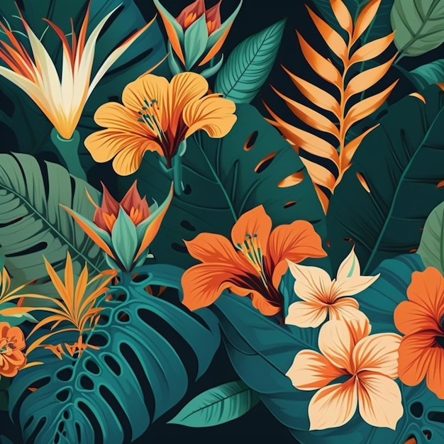 flores tropicales y hojas sobre un fondo oscuro ai generativo