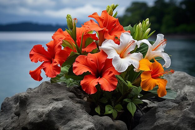 Flores tropicales que crecen a lo largo de la costa