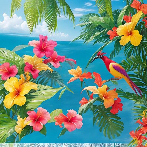 Flores tropicales vibrantes como el hibisco plumeria y el pájaro del paraíso en el fondo
