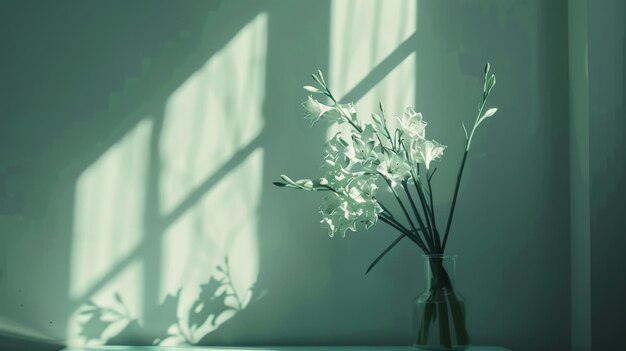 Flores tuberosas blancas en un jarrón en una mesa bañada en la suave luz del sol