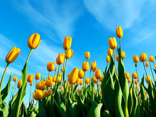 flores de tulipán amarillas y rojas con fondo azul del cielo