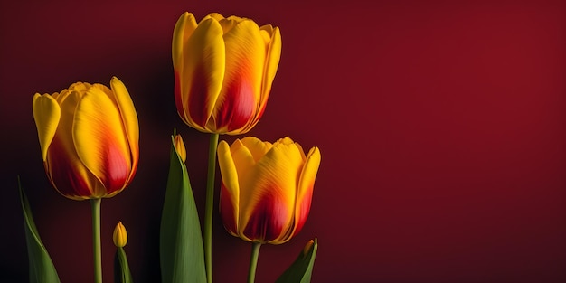 Flores de tulipán amarillo sobre fondo rojo.