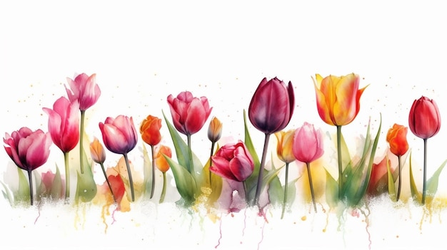 Flores de tulipán de colores aisladas sobre fondo blanco Ilustración de acuarela ai generativo