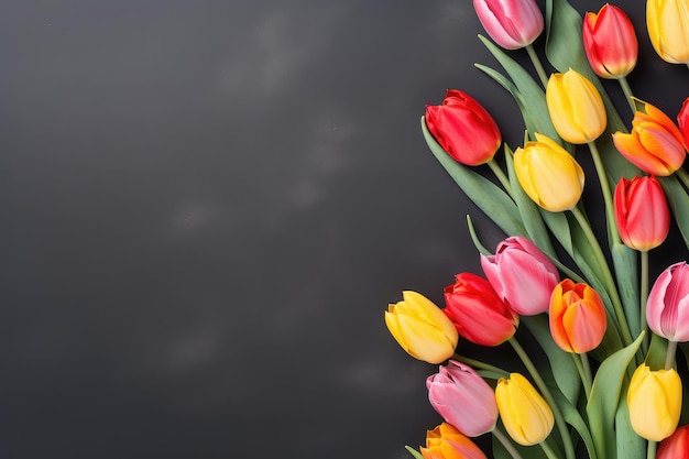 Flores de tulipán de colores sobre un fondo de hormigón oscuro