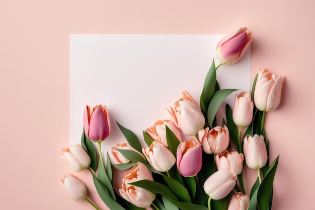 Flores de tulipán para el día de la mujer en superficie plana con espacio de texto.