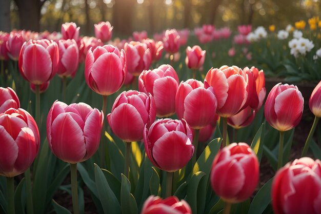 las flores de tulipán están floreciendo en el jardín en la mañana de la primavera el fondo de la flor