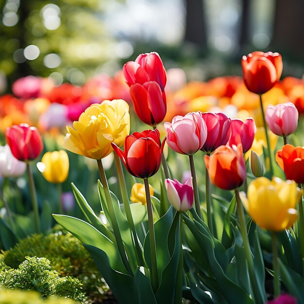 Las flores de tulipán florecen en el jardín El fondo de la naturaleza de la primavera