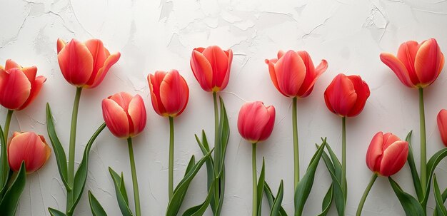 Flores de tulipán de primavera en el fondo vista superior en estilo plano Saludo para el Día de la Mujer o la Madre